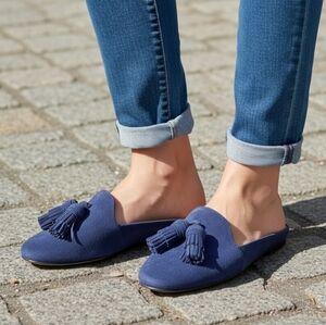 Tory Burch Navy Suede Tassel Slide Mules